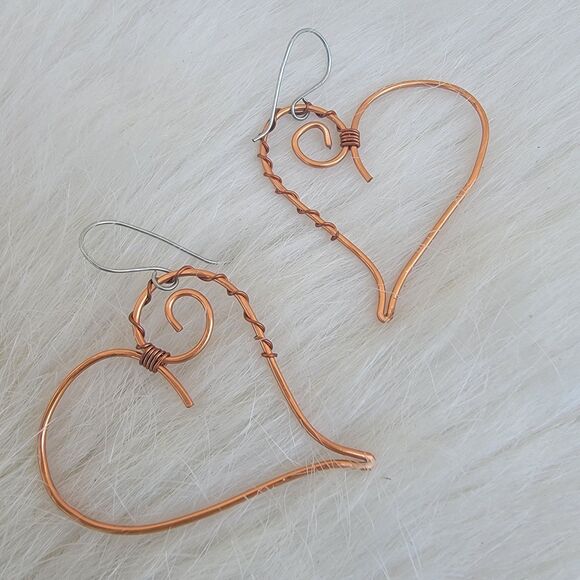 artisan open heart dangle earrings copper wire wrapped - Picture 2 of 4